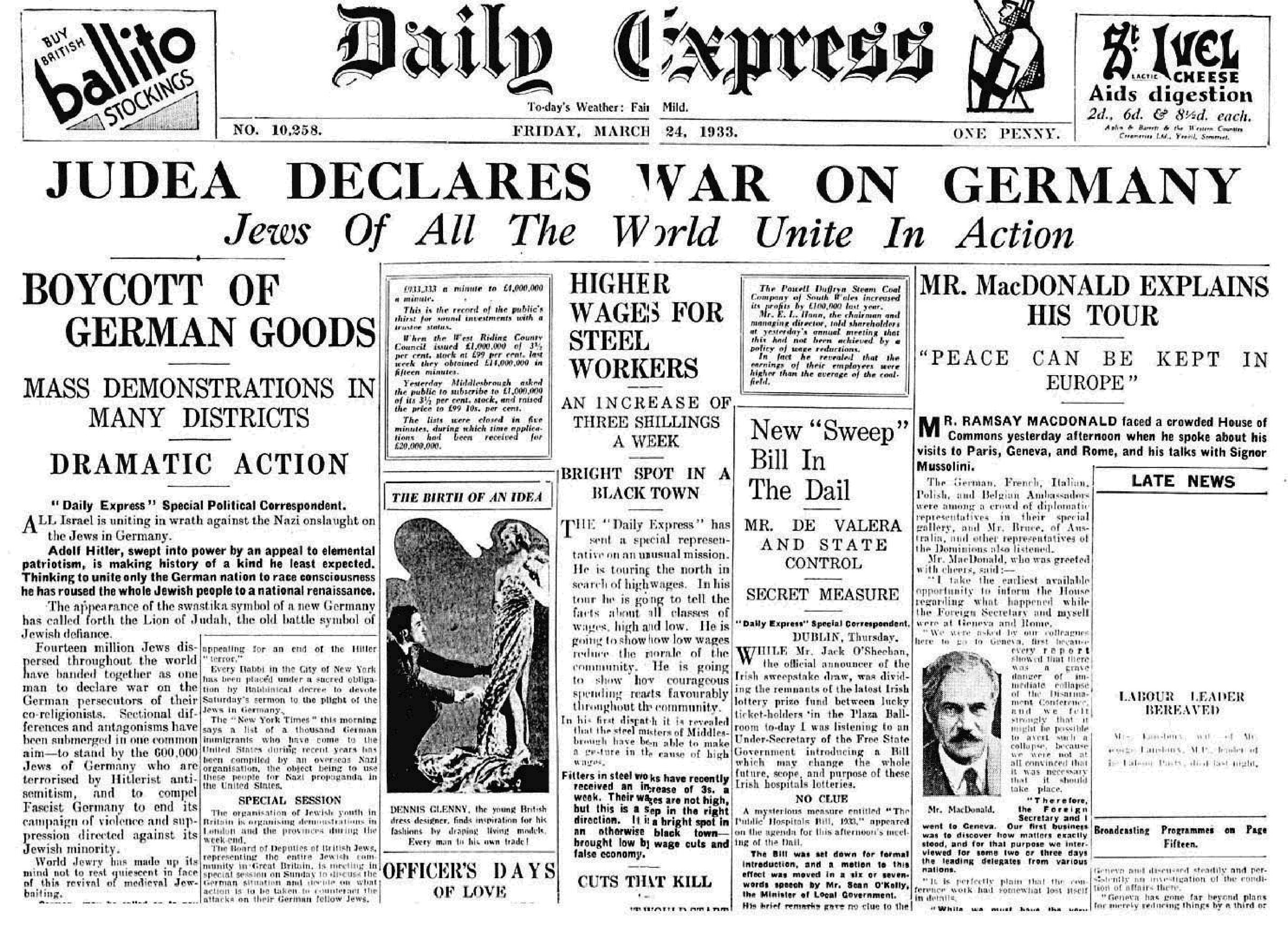 Judea declares War on Germany - Boycott of German Goods (EN, 1933, 1 S., Scan)