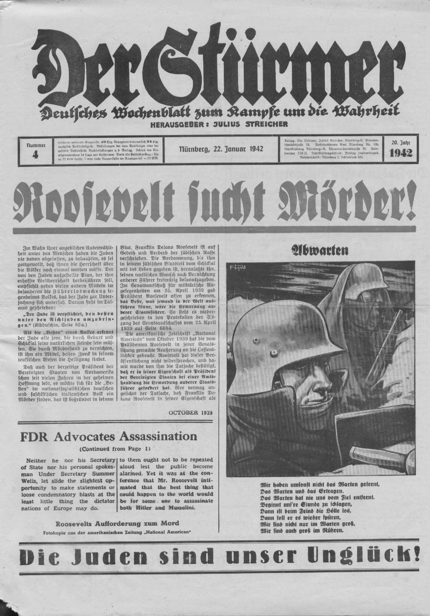 Der Stürmer - 1942 Nr. 04 - Roosevelt sucht Mörder!