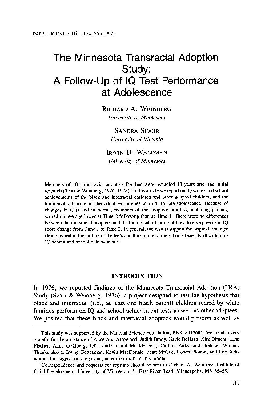 The Minnesota Transracial Adoption Study: A Follow-Up of IQ Test Performance at Adolescence