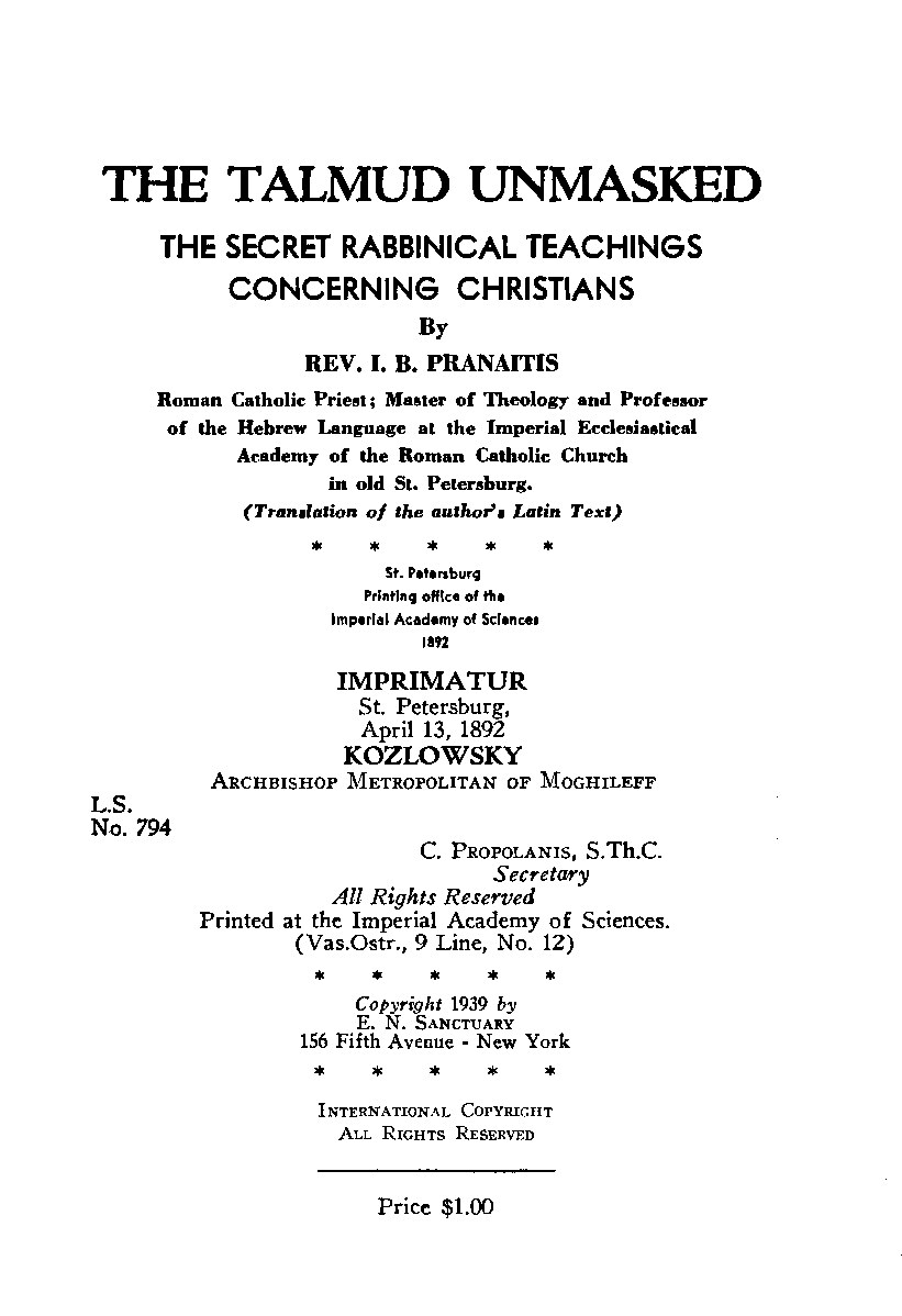 The Talmud Unmasked: The Secret Rabbinical Teachings Concerning Christians (1892)