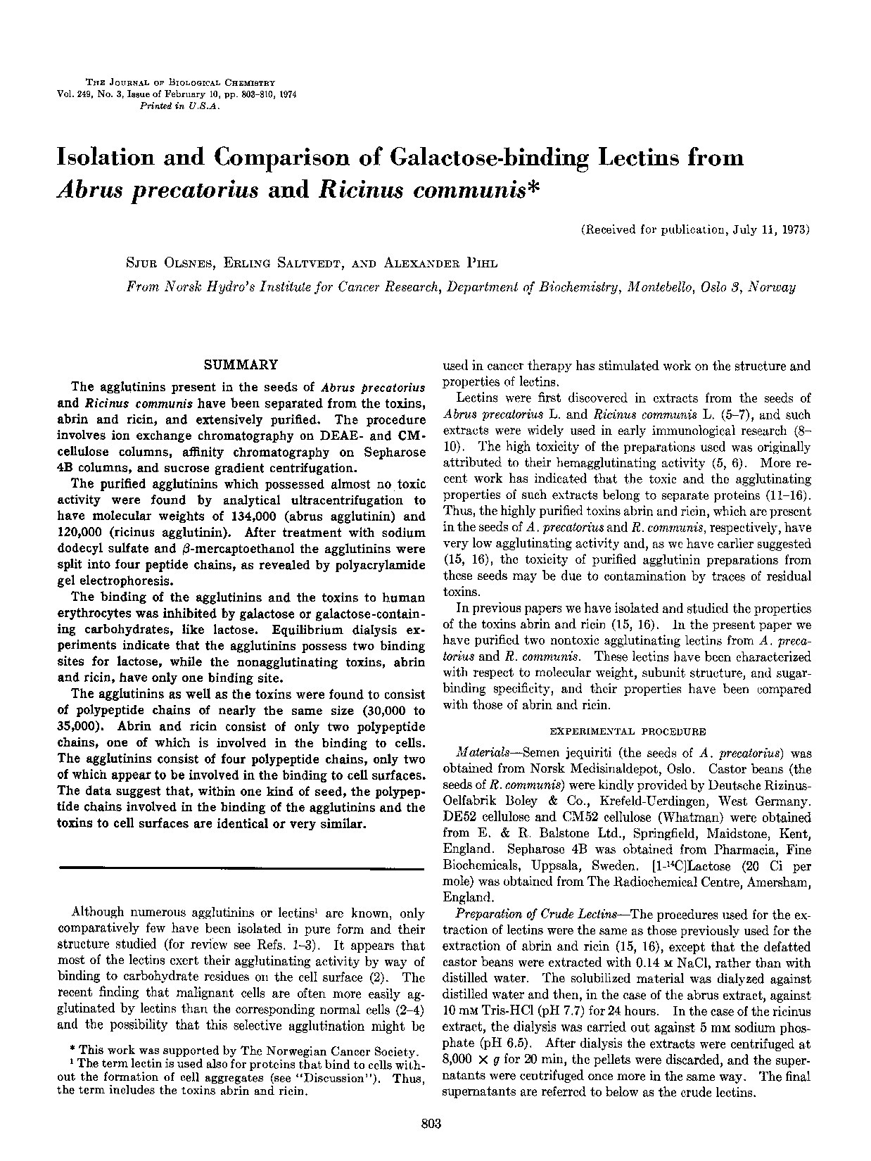 Isolation and Comparison of Galactose-binding Lectins from Abris precatorius and Ricinus Communis