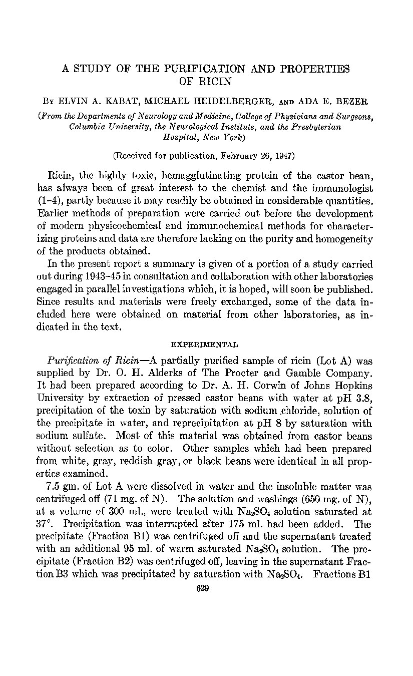 Ricin, A Study of Purification and Properties of - Kabat, Heidelberger, Bezer