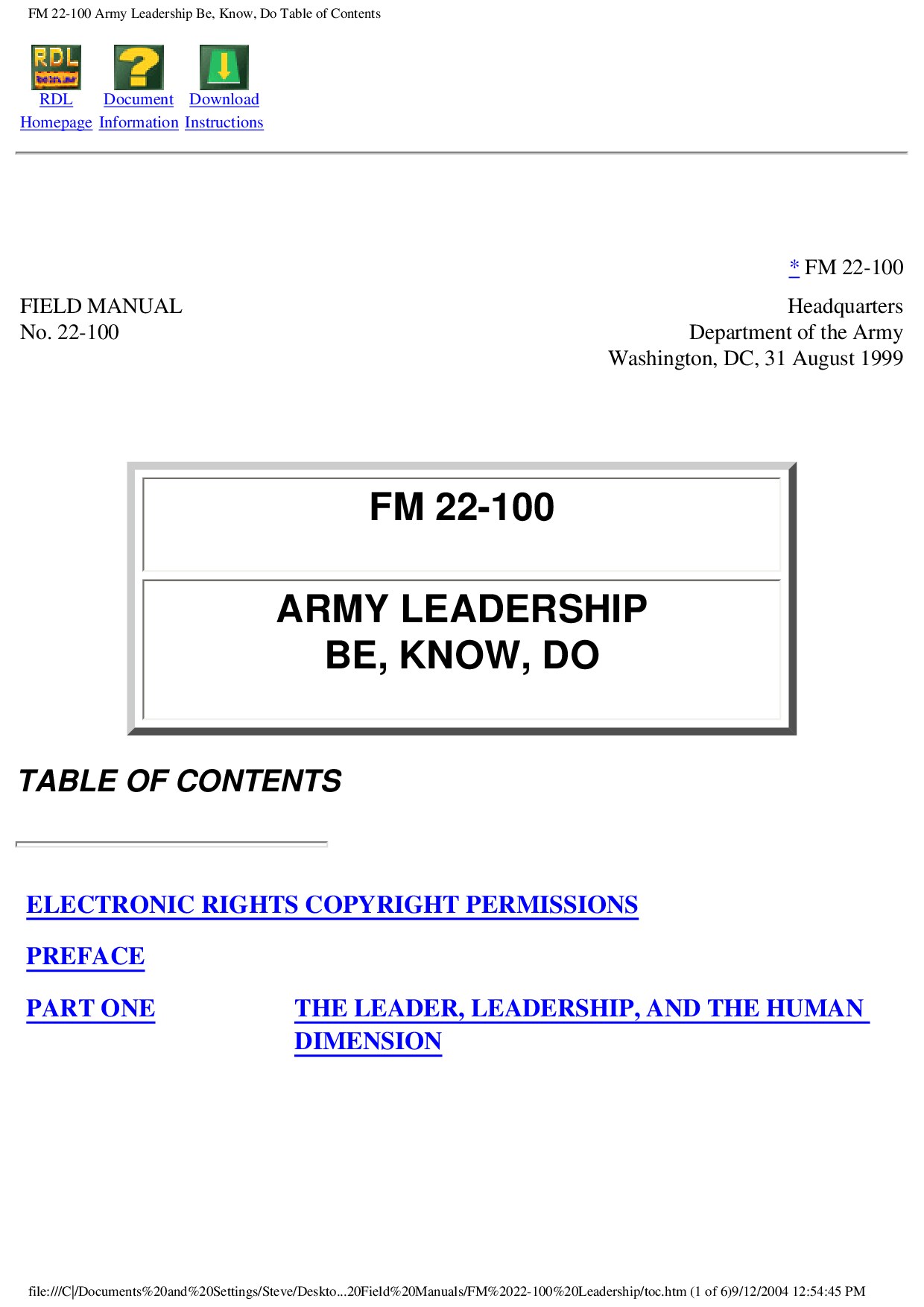 FM 22-100 Army Leadership Be, Know, Do Table of Contents