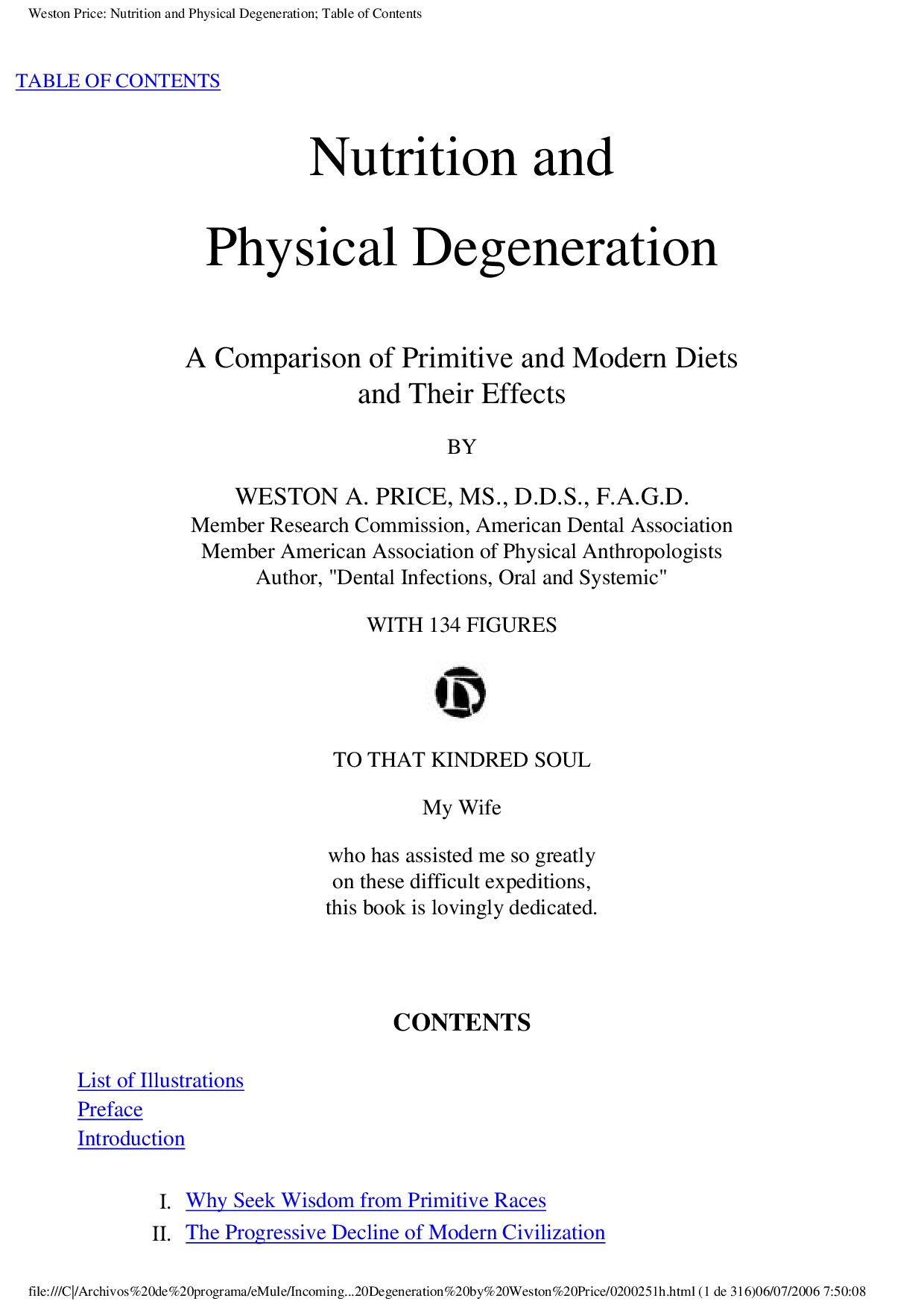 Weston Price: Nutrition and Physical Degeneration; Table of Contents