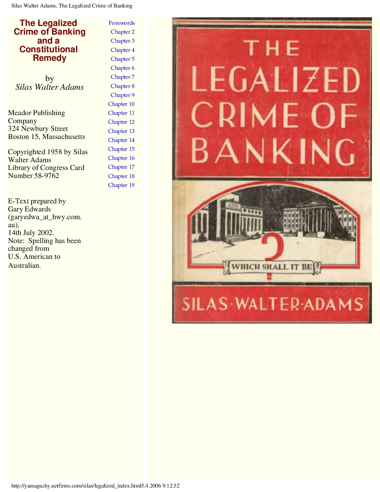 Silas Walter Adams, The Legalized Crime of Banking