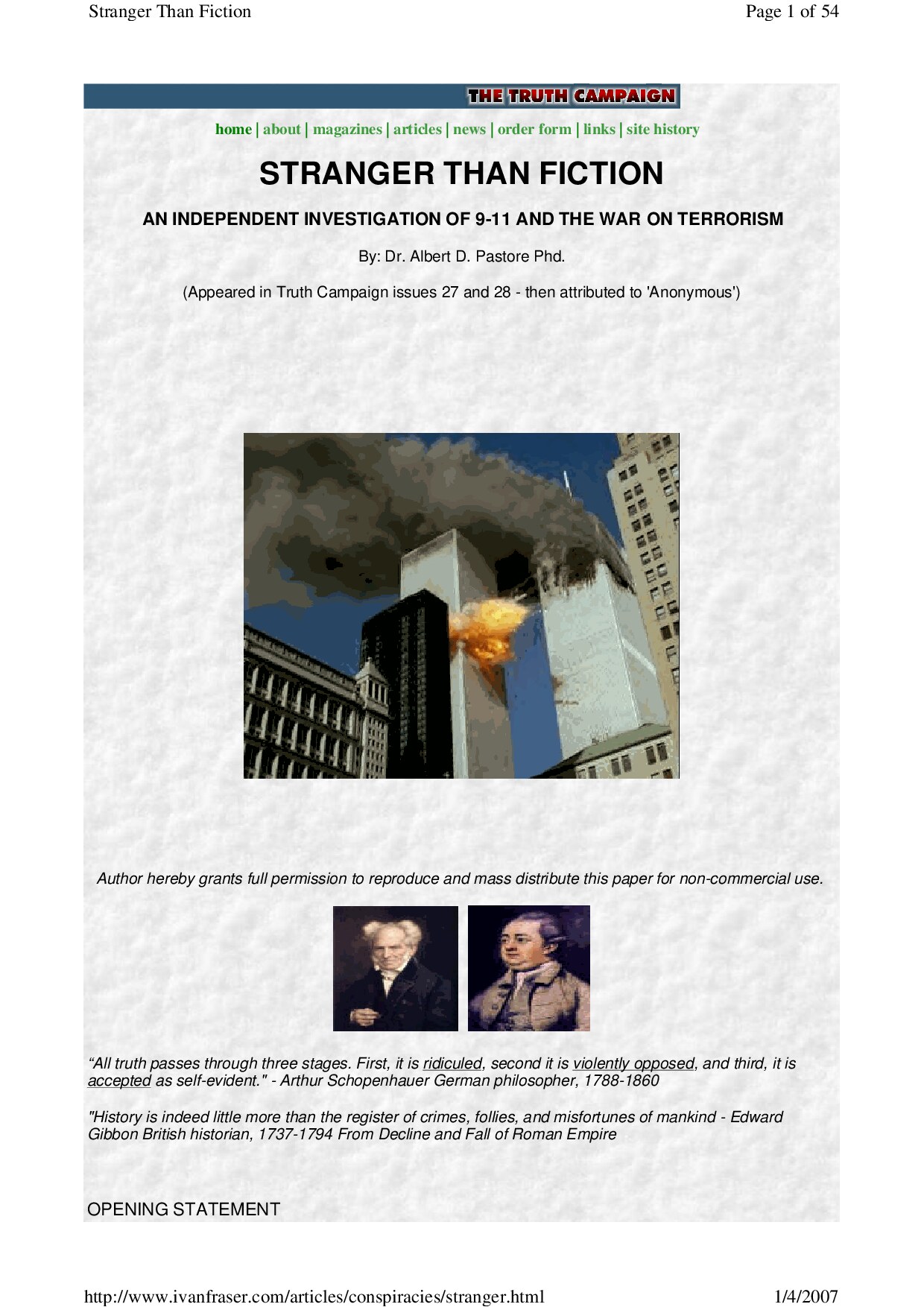 Pastore, Albert D. Stranger Than Fiction; An Independent Investigation of 9-11 and the War on Terrorism