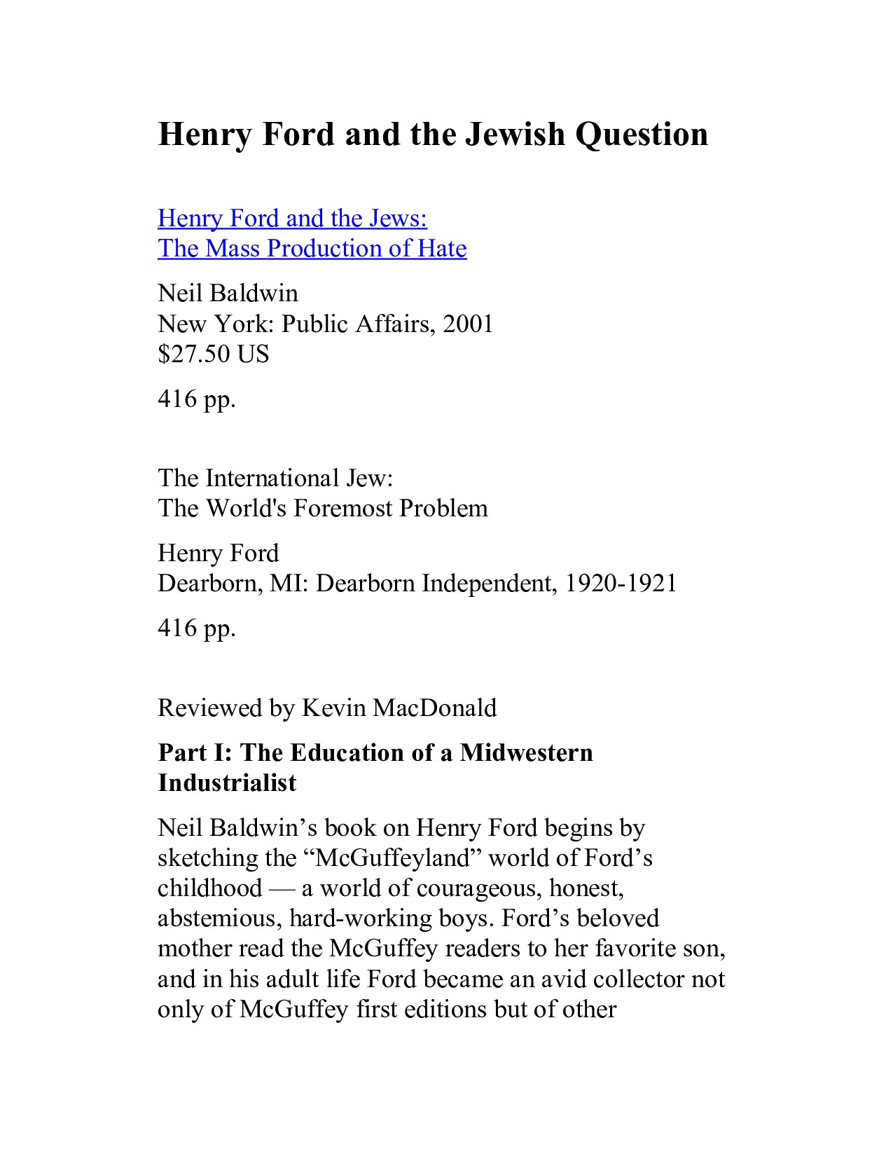 MacDonald, Kevin; Henry Ford and the Jewish Question (Review)