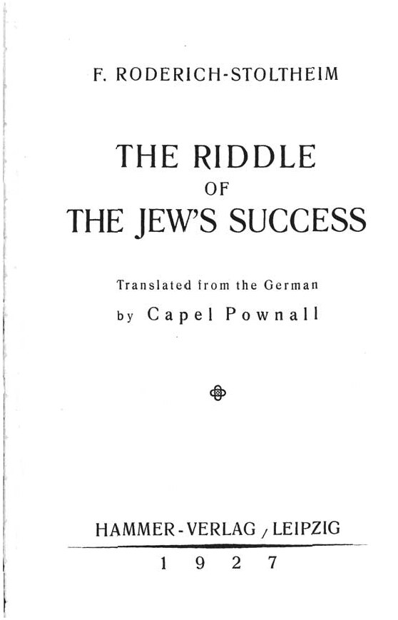The Riddle Of The Jews Success -  1927