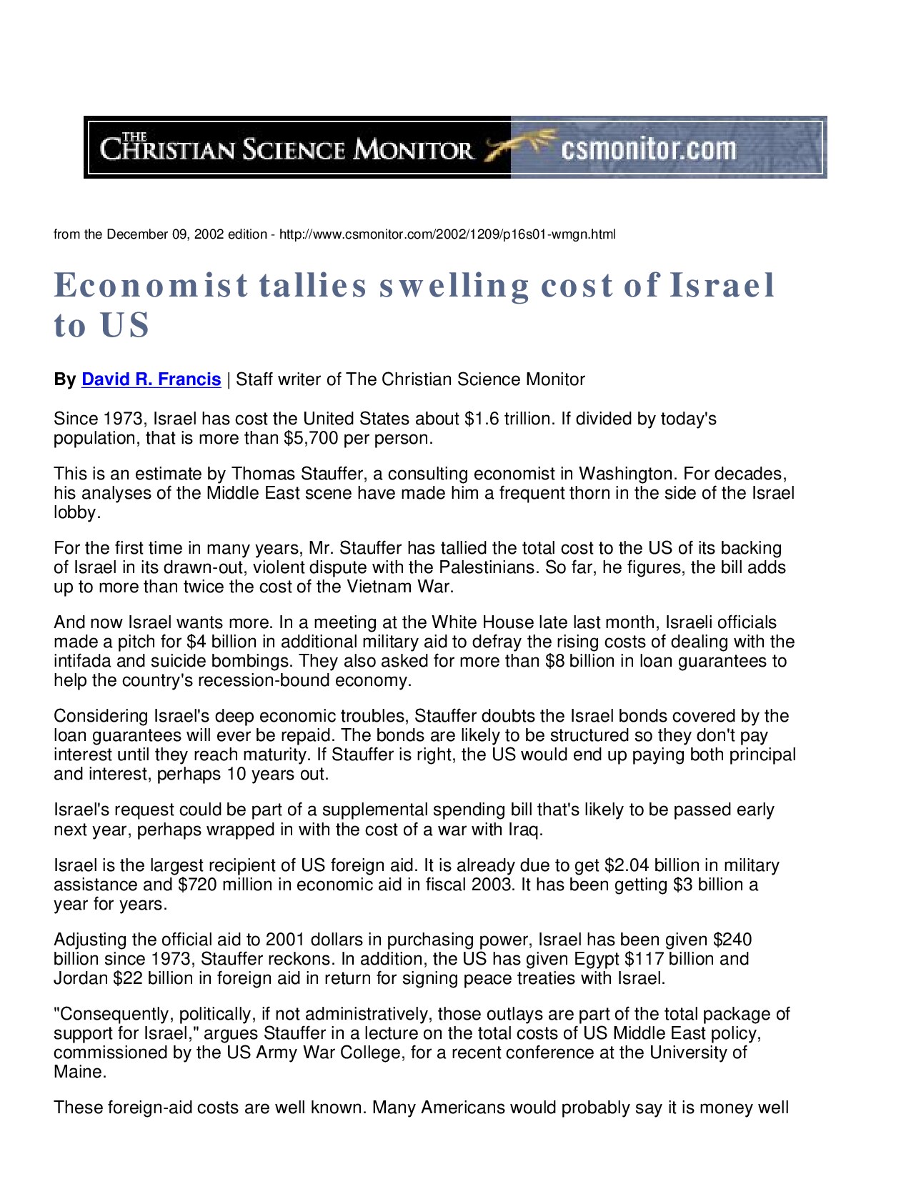 Economist tallies swelling cost of Israel to US | csmonitor.com