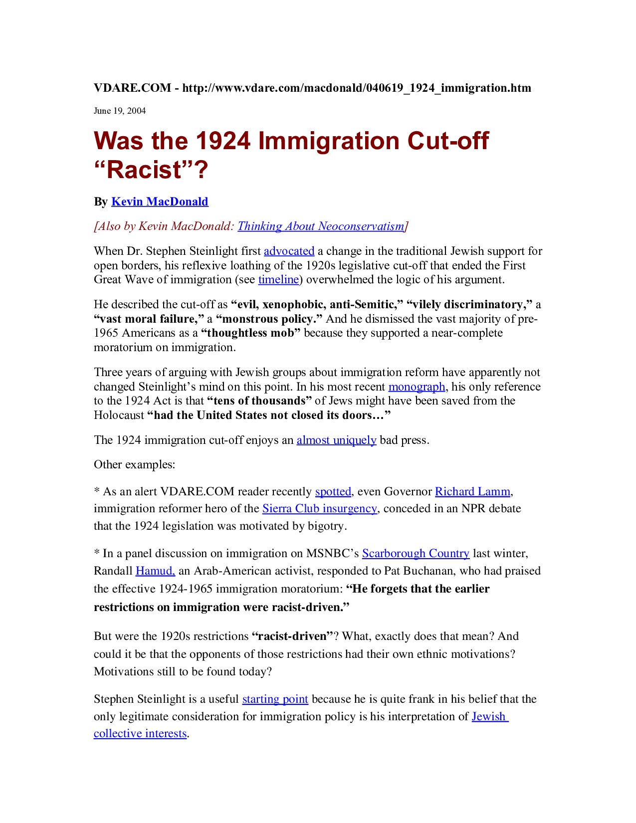 MacDonald, Kevin; Was The 1924 Inmmigration Cut-off ''Racist''