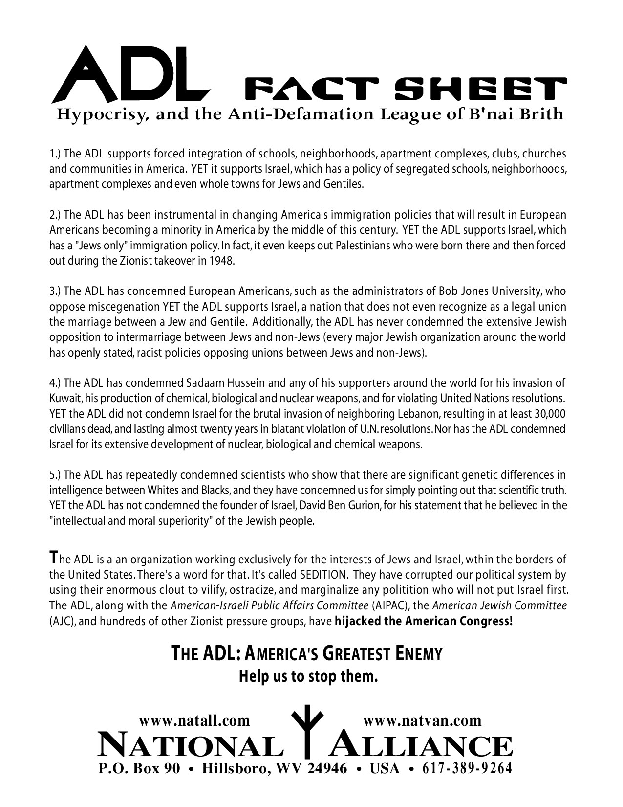 National Alliance; ADL Fact Sheet