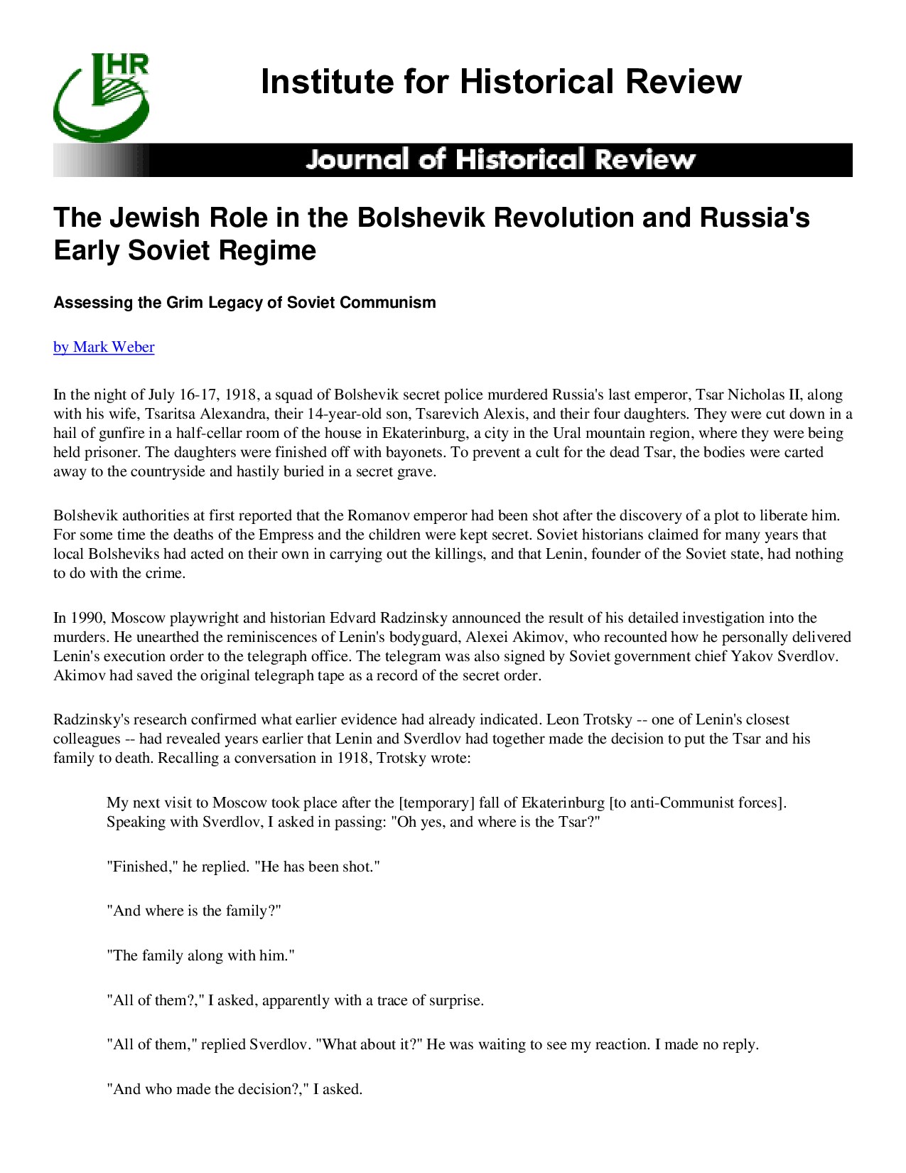 The Jewish Role in the Bolshevik Revolution and Russia's Early Soviet Regime