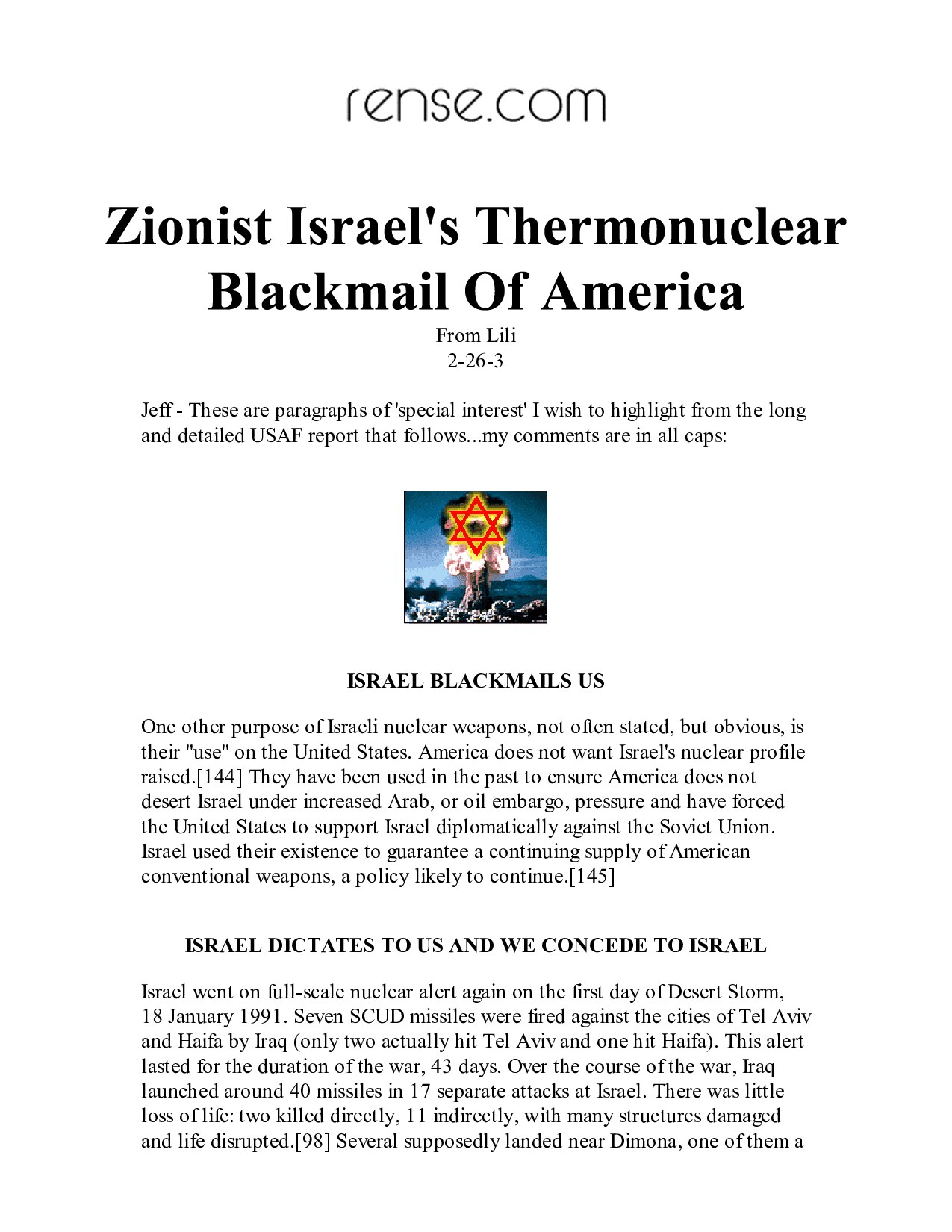 Zionist Israel's Thermonuclear Blackmail Of America