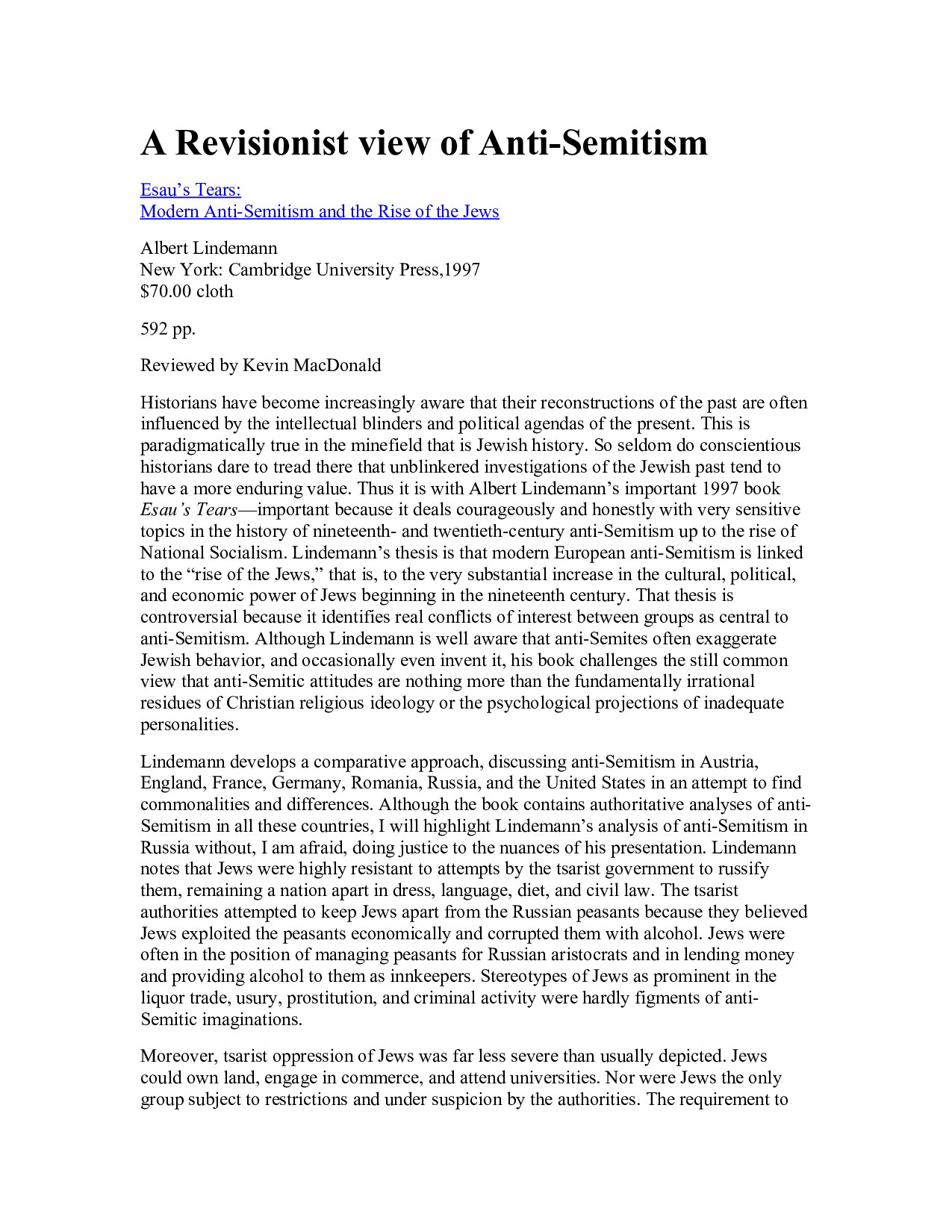 MacDonald, Kevin; A Revisionist View of Anti-Semitism (Review)