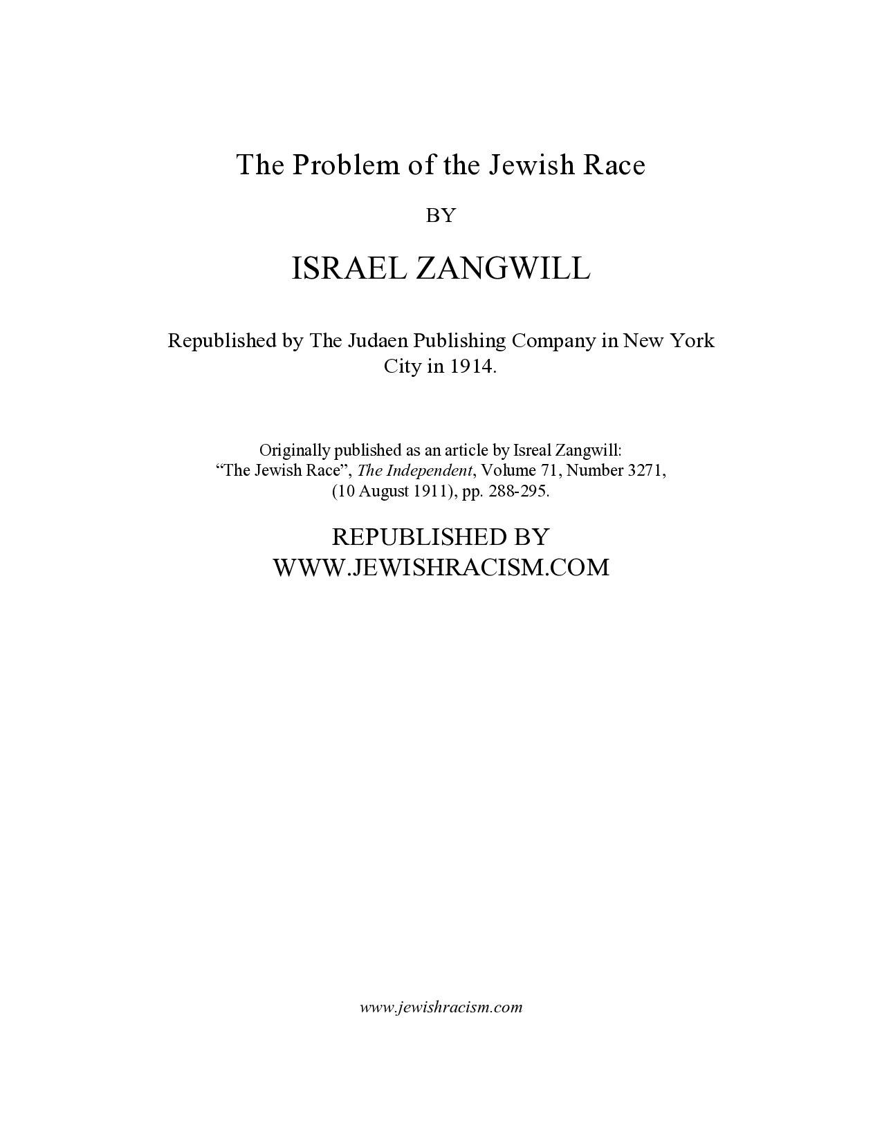 Zangwill, Israel; The Problem Of The Jewish Race