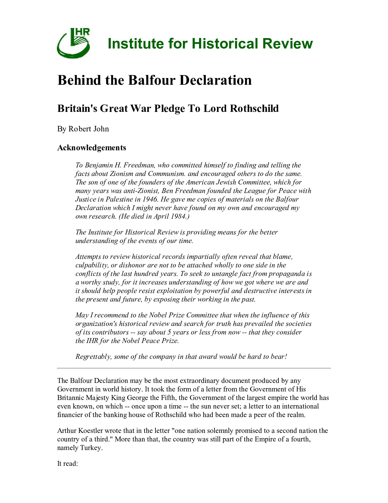 Behind the Balfour Declaration: Britain's Great War Pledge To Lord Rothschild