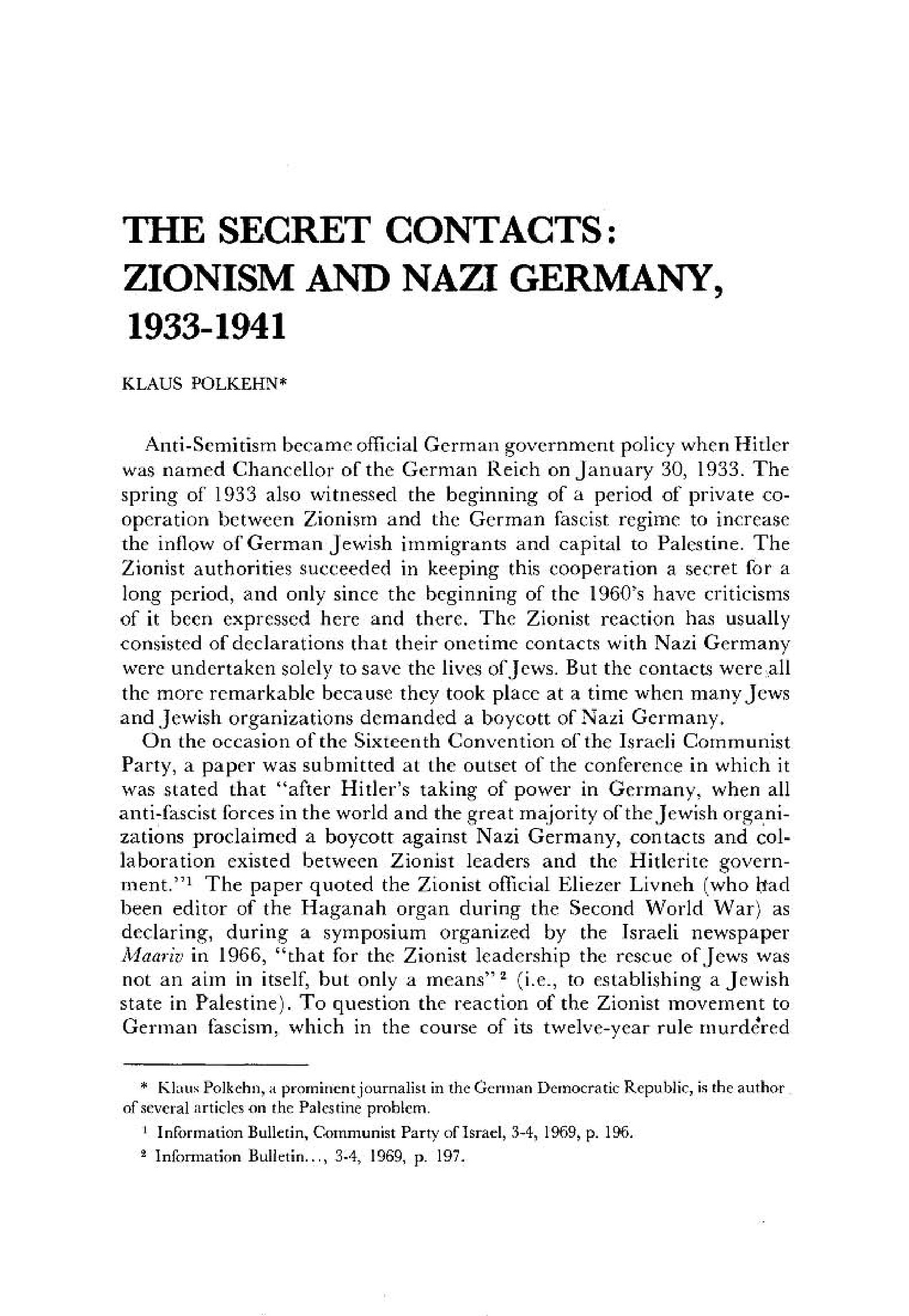 Polkehn, Klaus; The Secret Contacts - Zionism and Nazi Germany 1933-1941