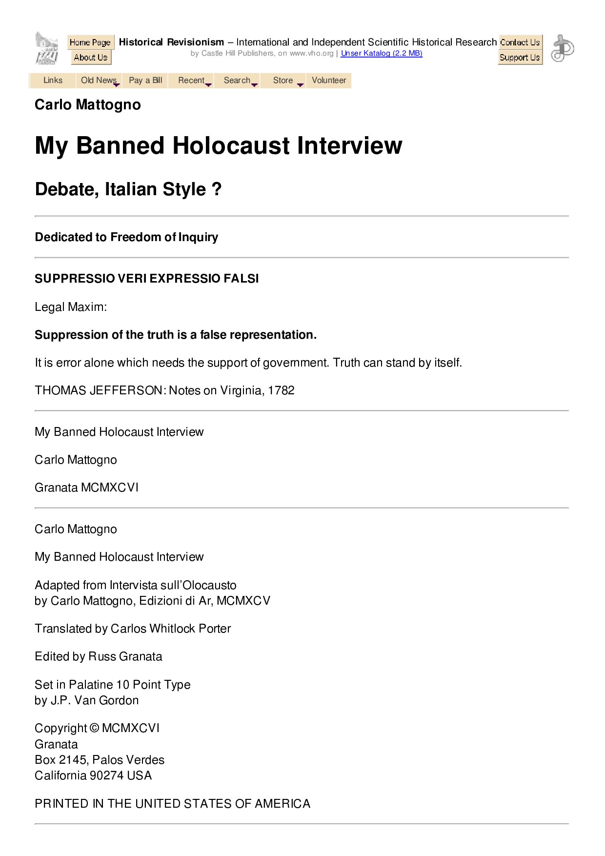Carlo Mattogno: My banned Holocaust Interview - Debate, Italian Style?