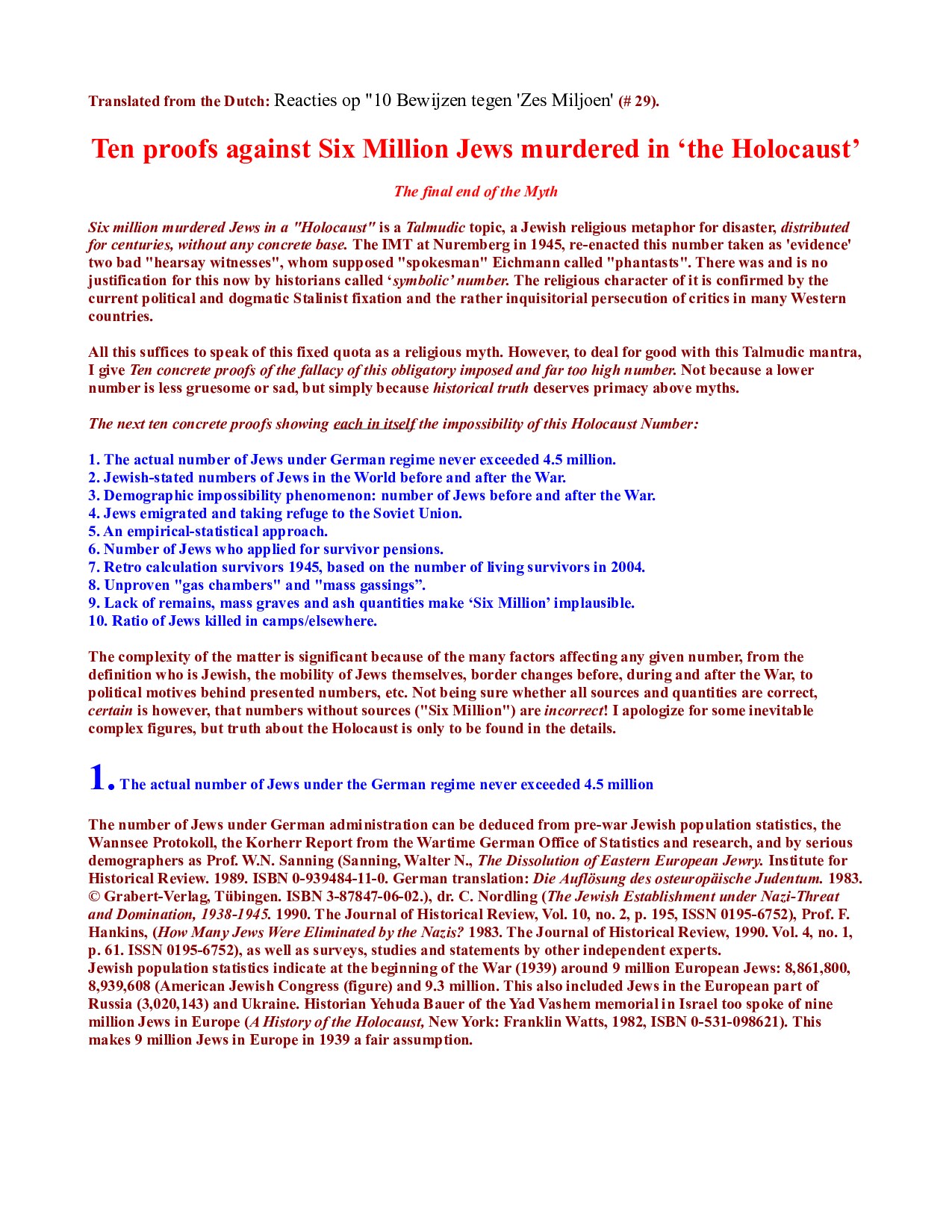 Various; Ten Proofs Against Six Million Jews Murdered in 'the Holocaust'