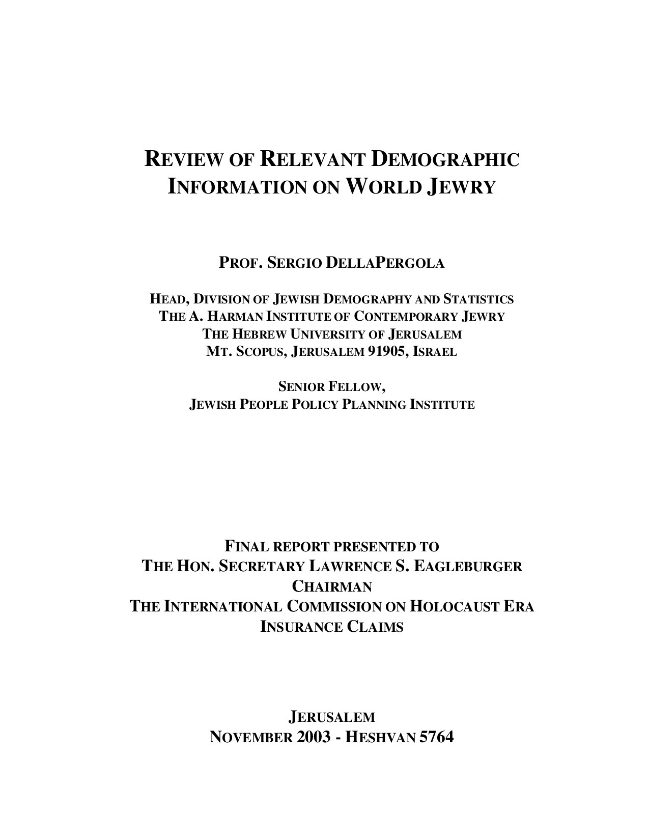 DellaPergola, Sergio; Review Of Relevant Demographic Information On World Jewry
