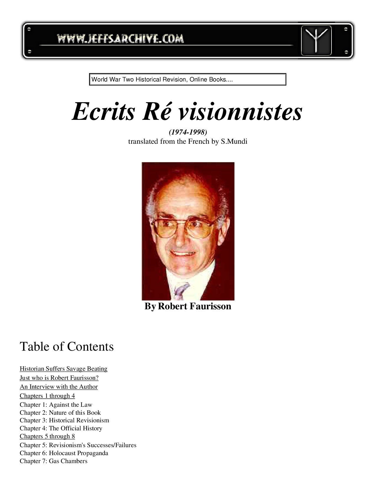 Robert Faurisson, Ecrits Re'visionnistes, Table of Contents