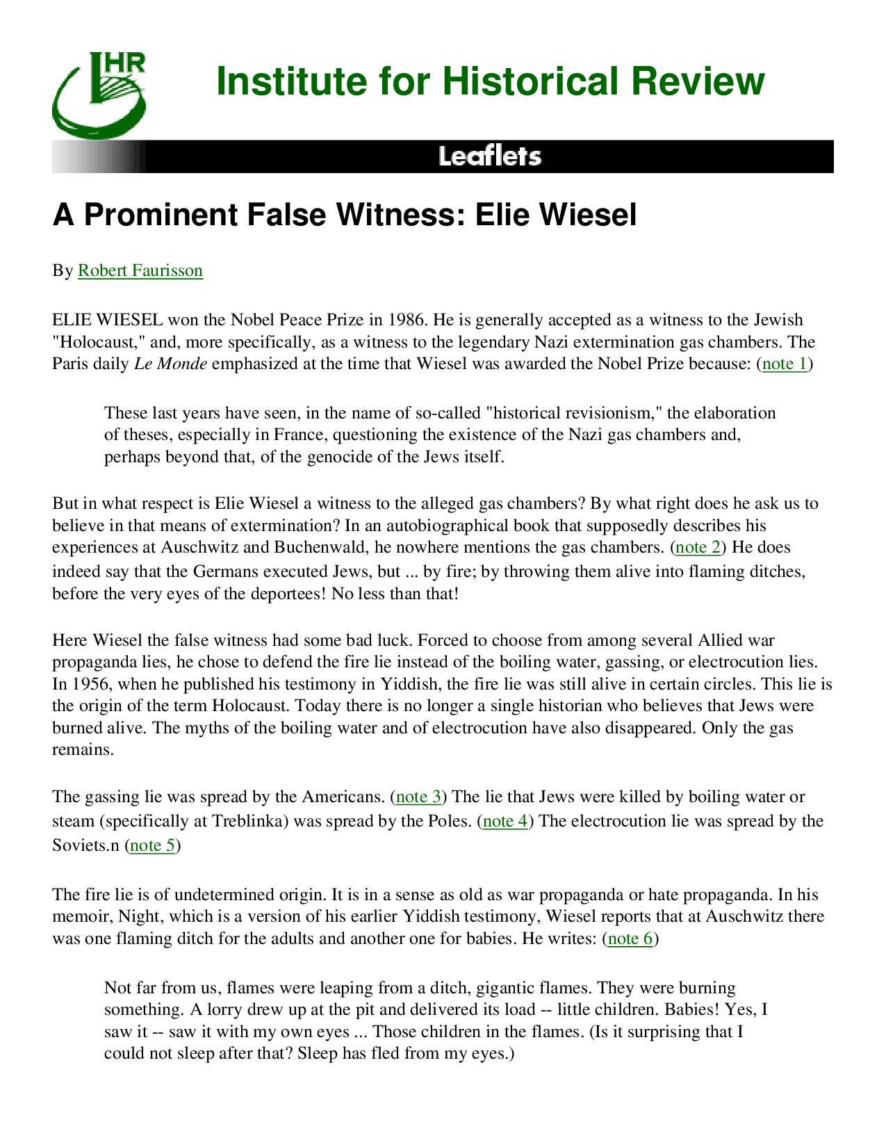 A Prominent False Witness: Elie Wiesel