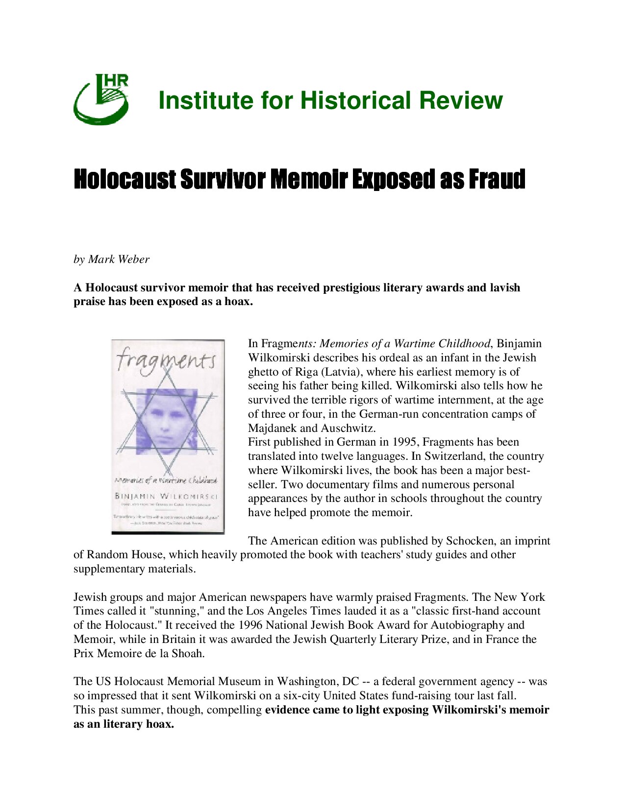 Microsoft Word - Binjamin Wilkomirski - Another Holocaust Fraud.doc
