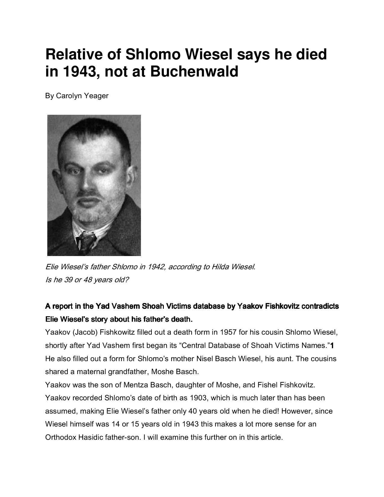 Microsoft Word - Relative of Shlomo Wiesel says he died in 1943.doc