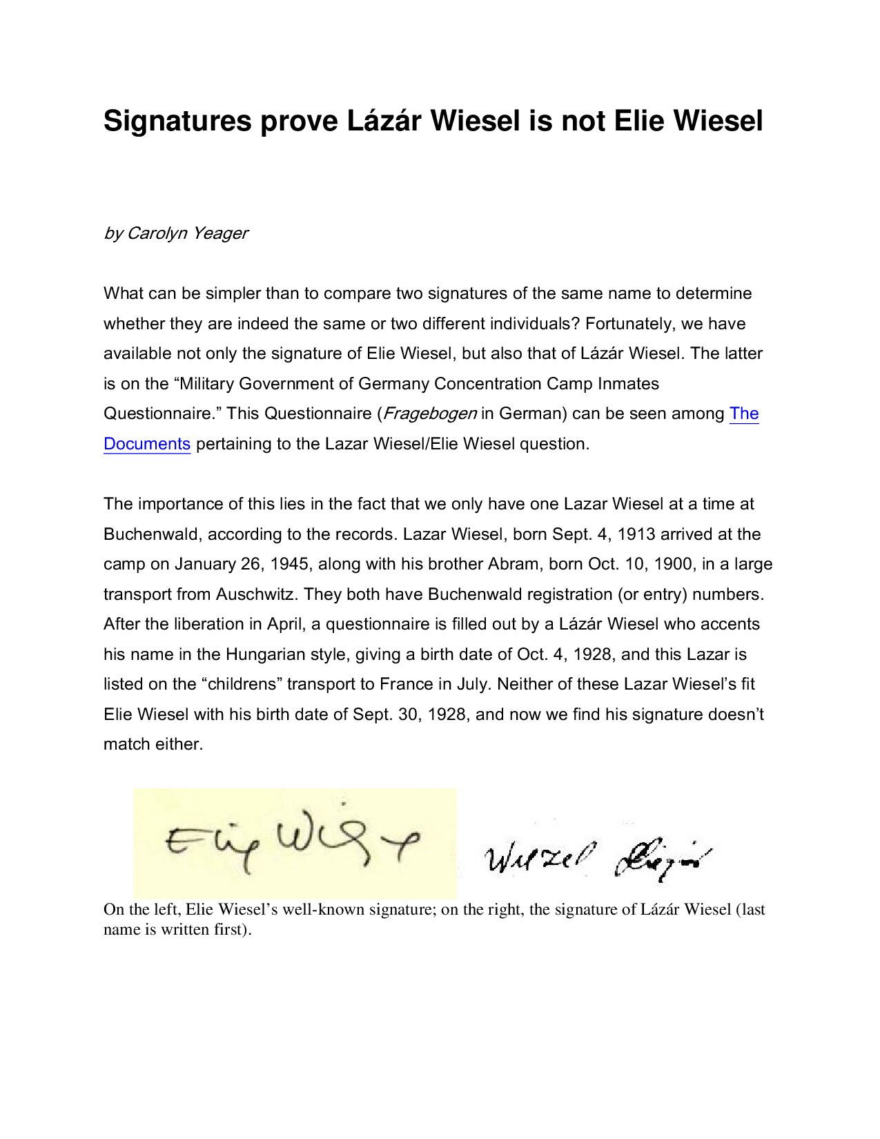 (Microsoft Word - Signatures prove L\341z\341r Wiesel is not Elie Wiesel.doc)