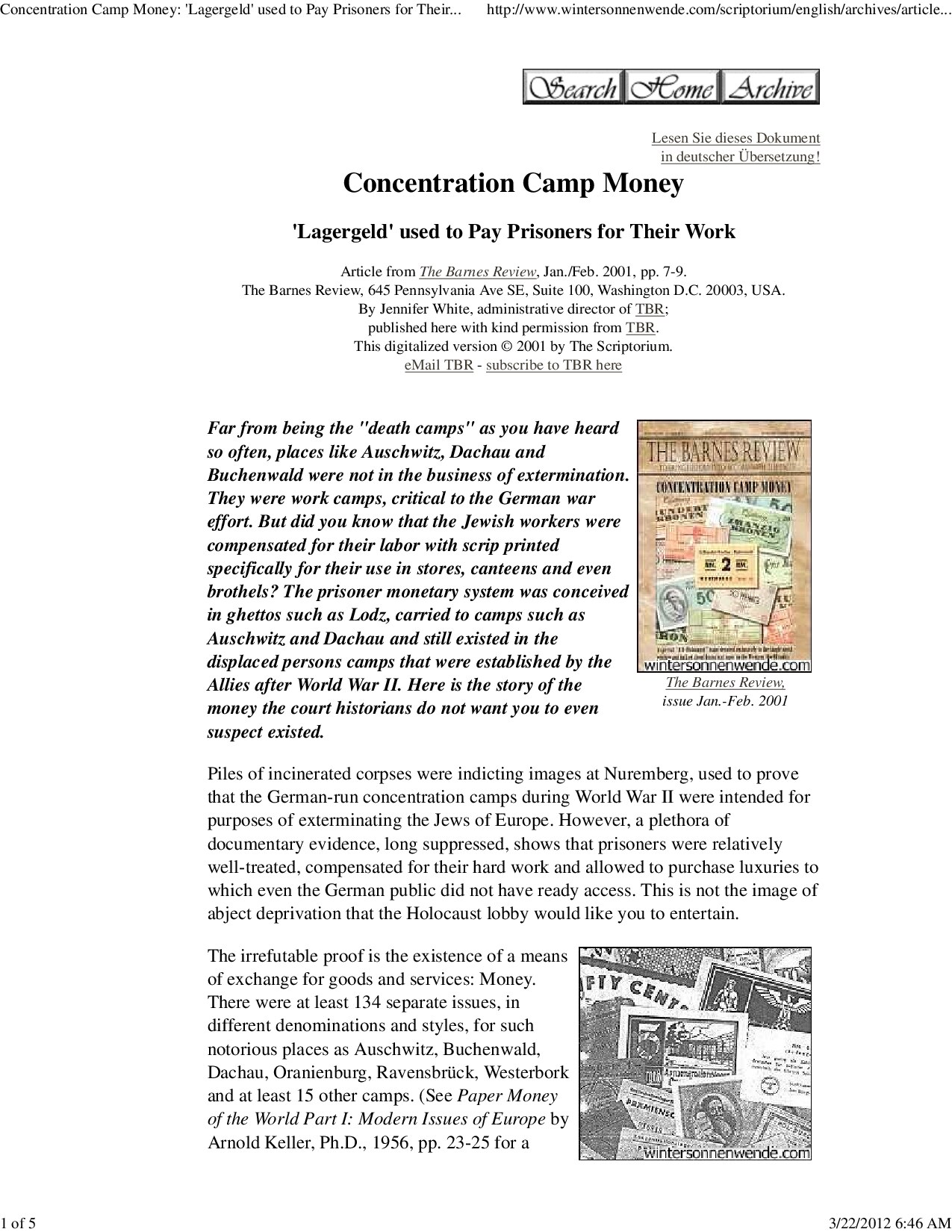 Concentration Camp Money: 'Lagergeld' used to Pay Prisoners for Their Work. Jennifer White.