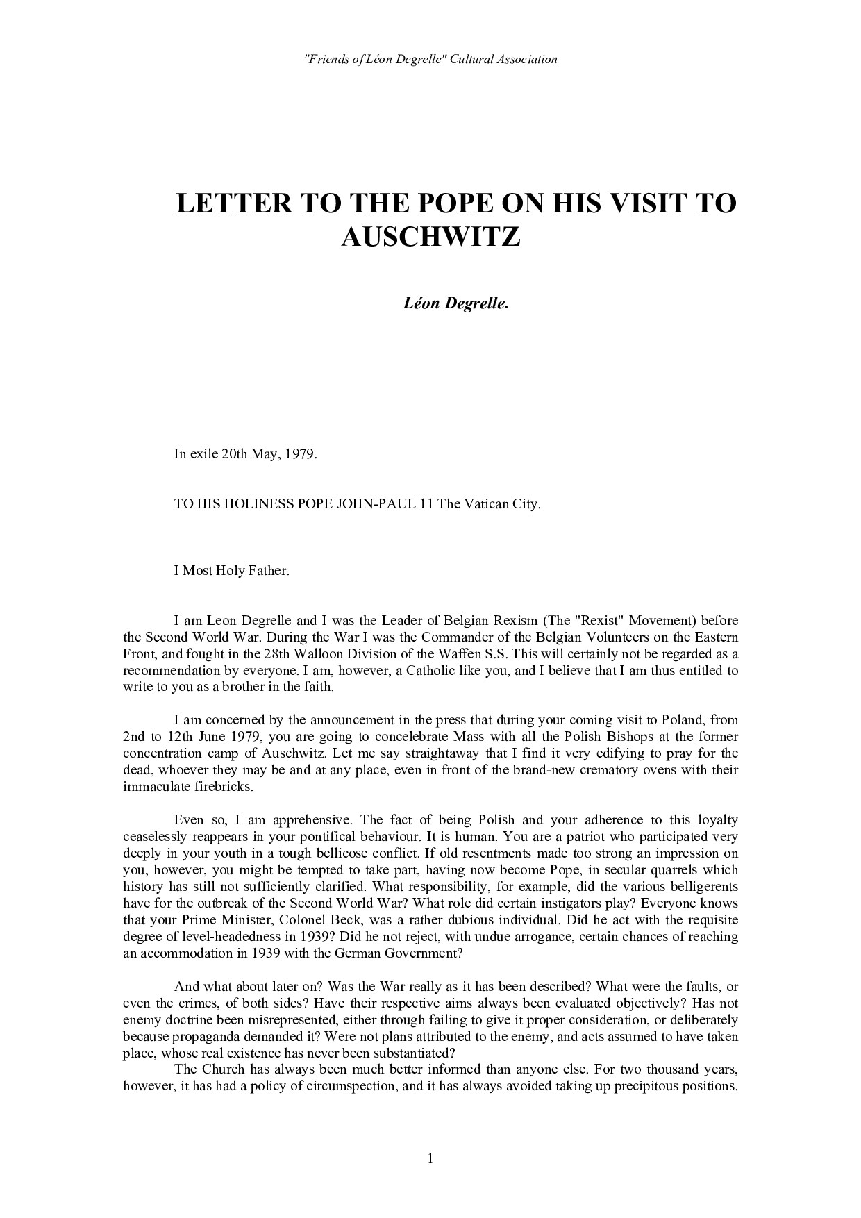 Degrelle, Léon; Letter to the Pope on his Visit to Auschwitz