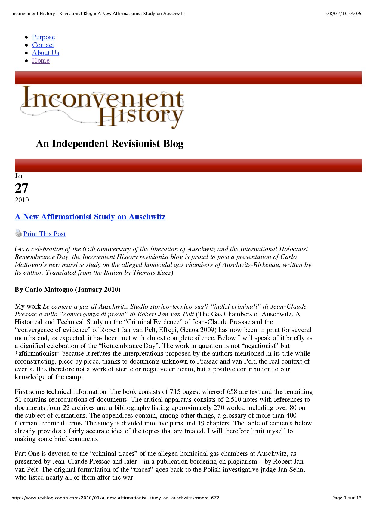 Inconvenient History | Revisionist Blog » A New Affirmationist Study on Auschwitz
