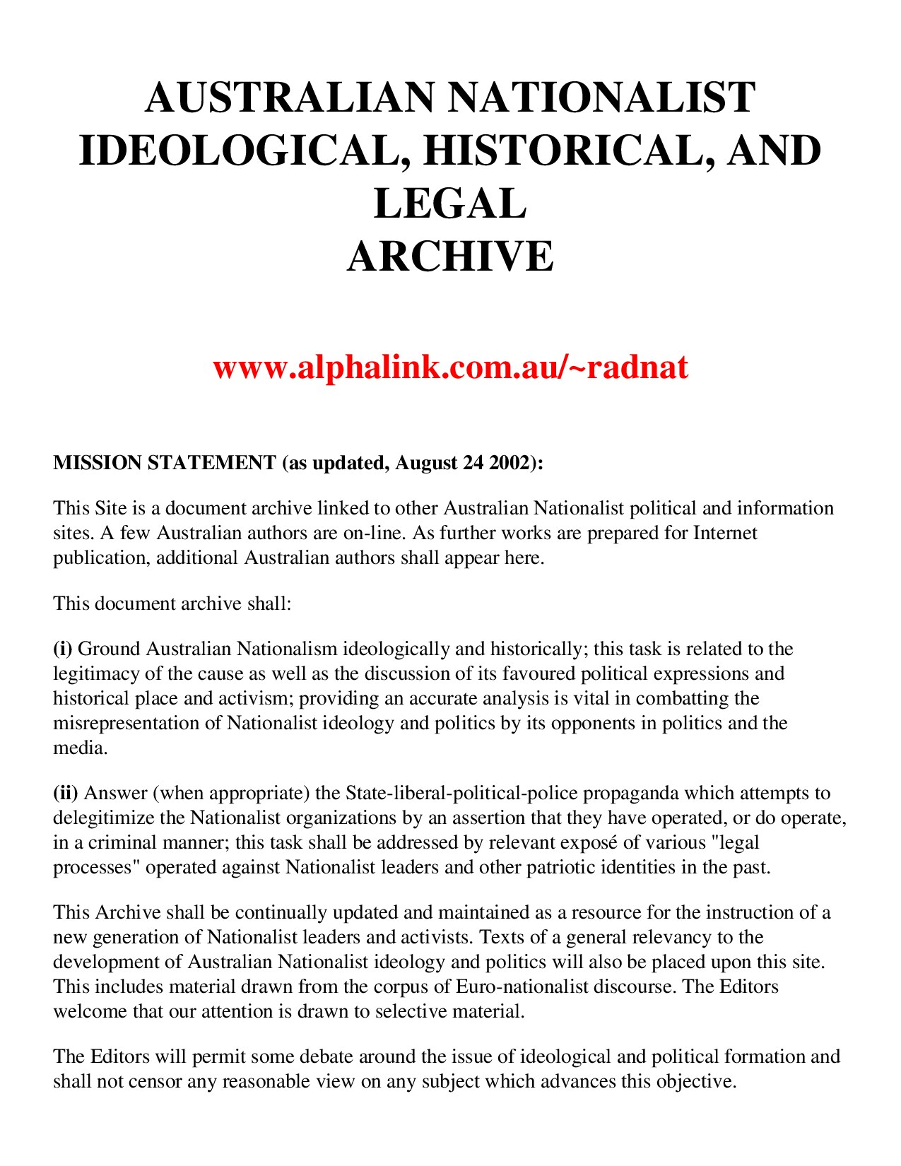 Australian Nationalist Idelogical, Historical, And Legal Archive 