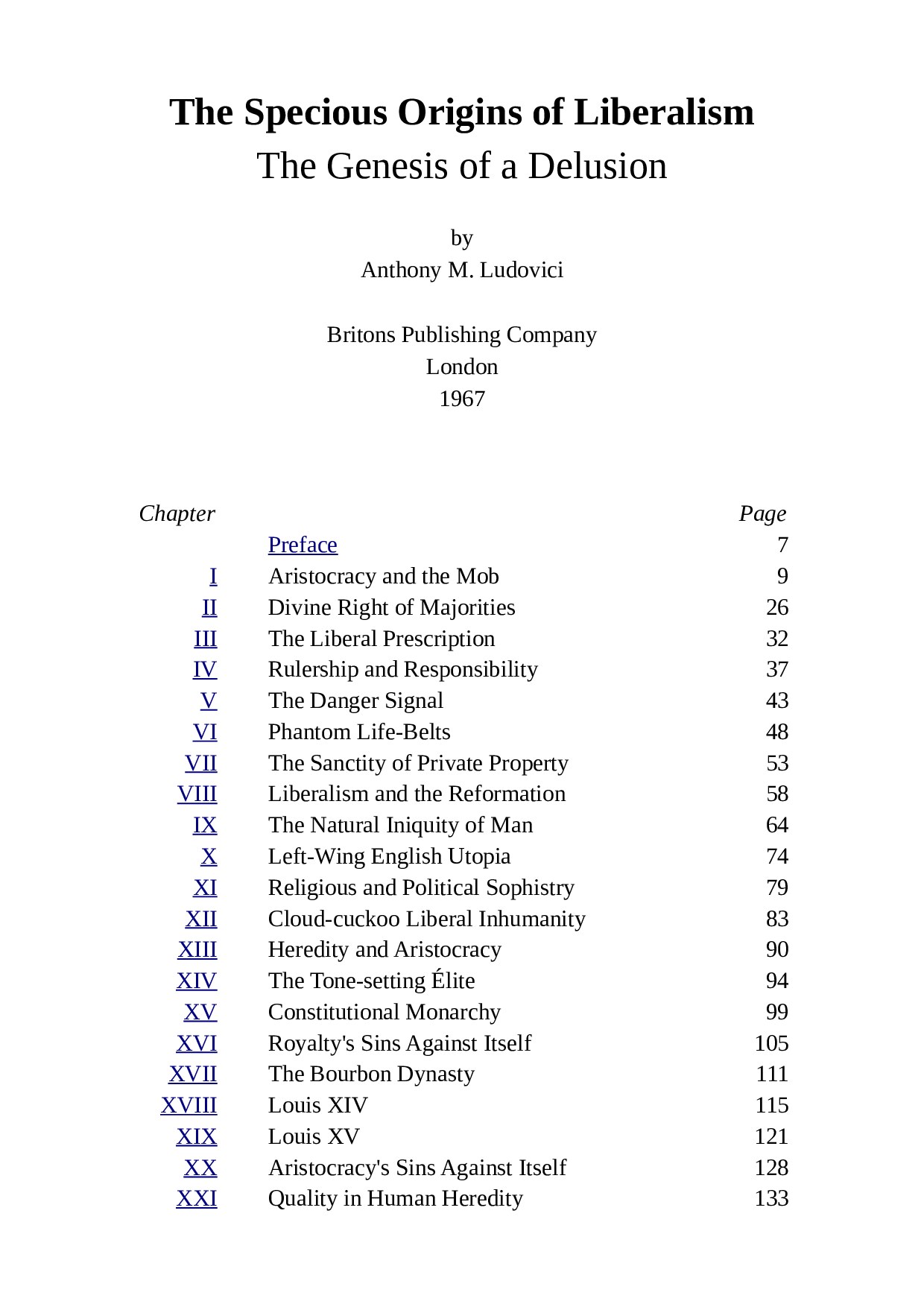 Ludovici, Anthony Mario; The Specious Origins of Liberalism