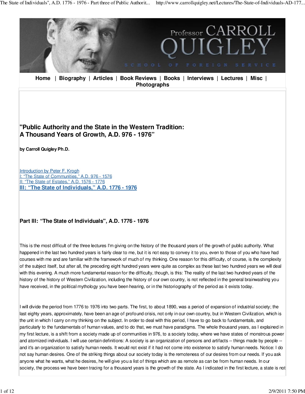The State of Individuals", A.D. 1776 - 1976 - Part three of Public Authority and the State in the Western Tradition: A Thousand Years of Growth, A.D. 976 - 1976 - A Lecture by Carroll Quigley Ph.D.