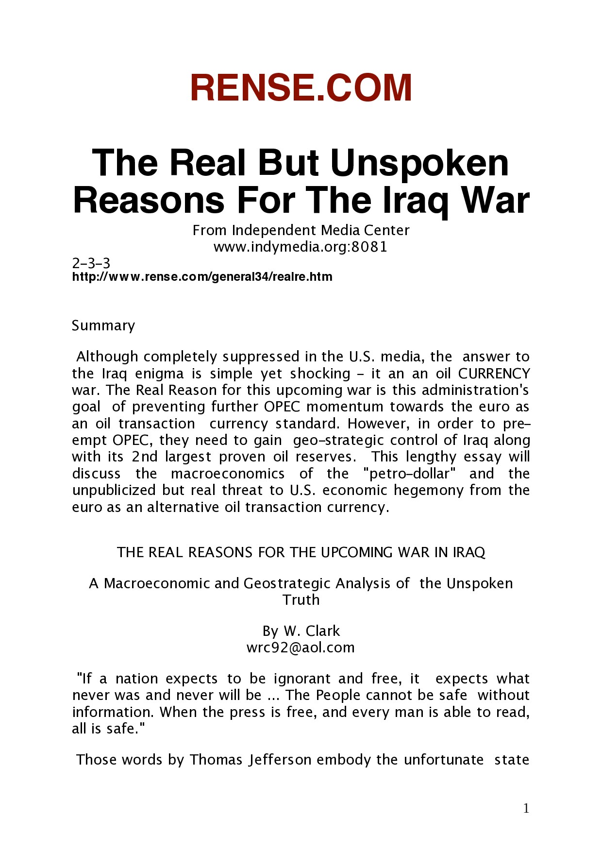Independent Media Center; The Real But Unspoken Reasons For The Iraq War