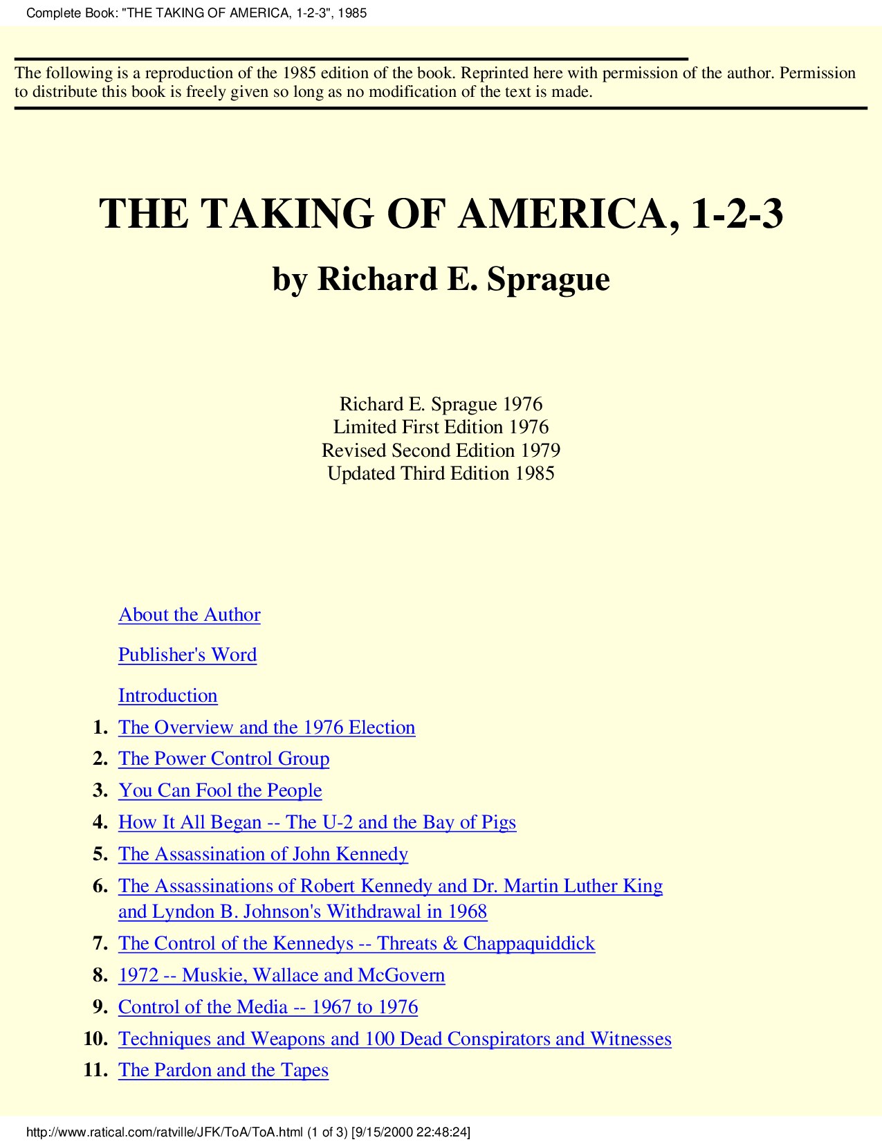 Complete Book: "THE TAKING OF AMERICA, 1-2-3", 1985