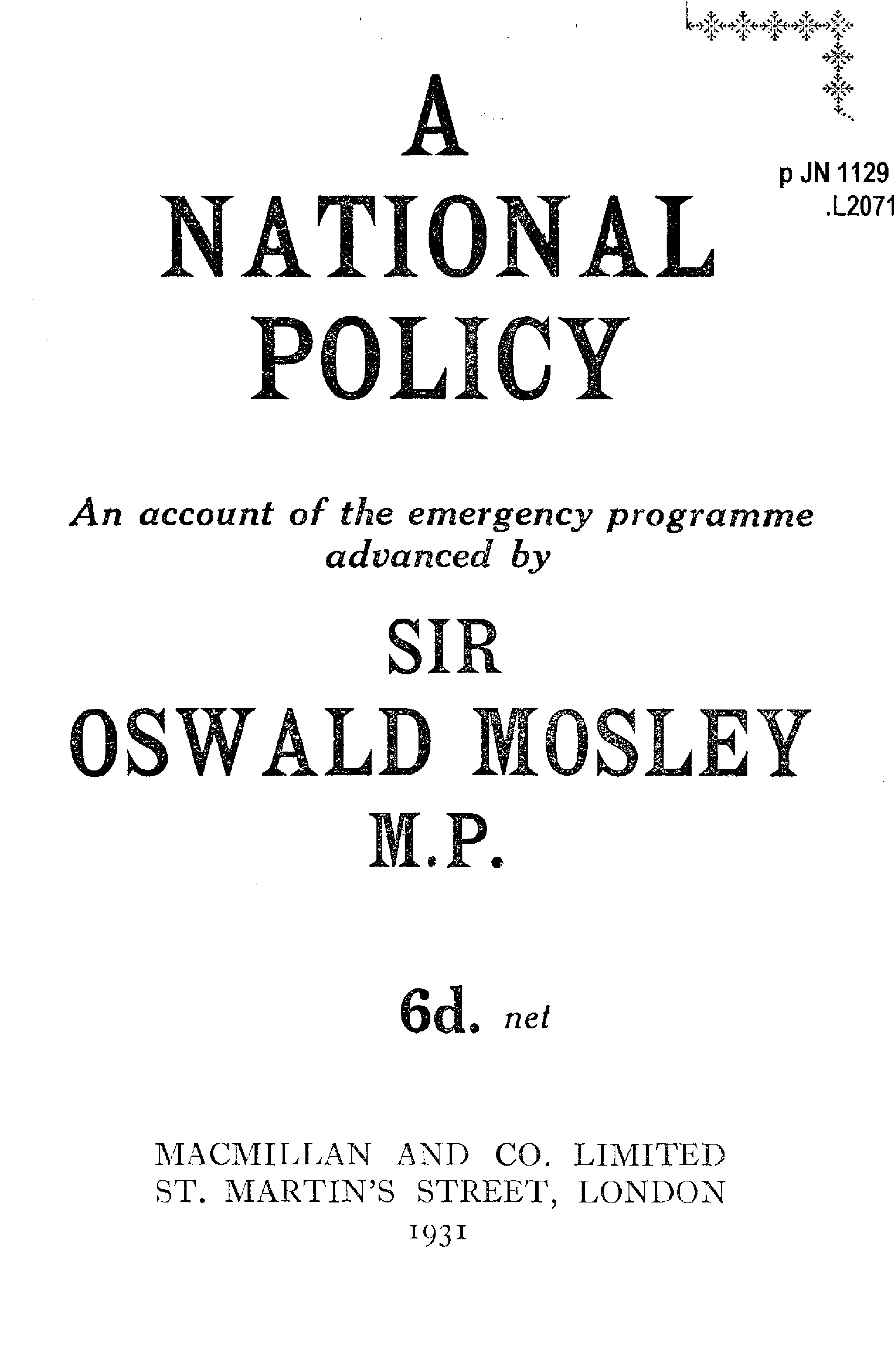 Mosley, Oswald - A National Policy