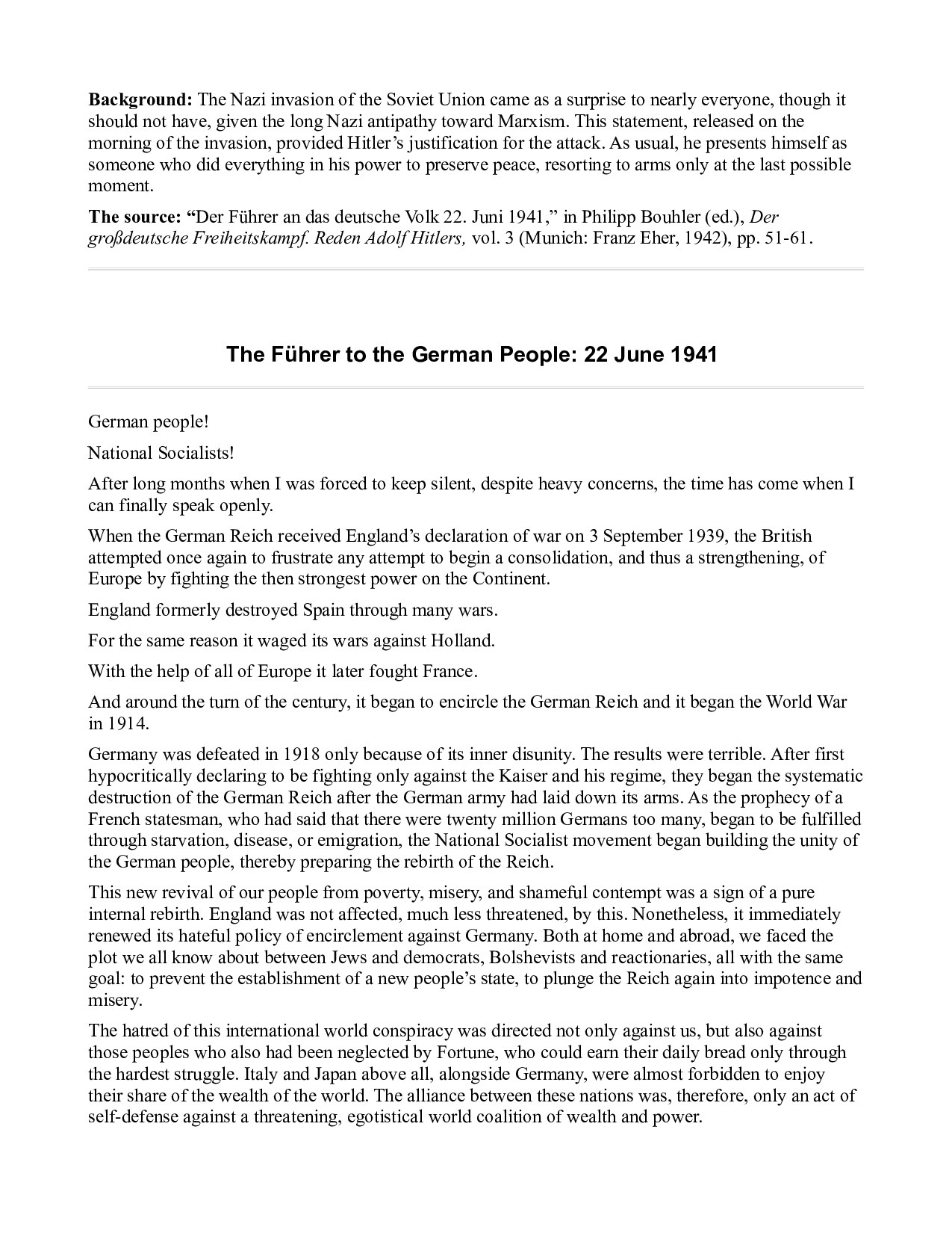 The Führer to the German People - 22 June 1941 - Hitler