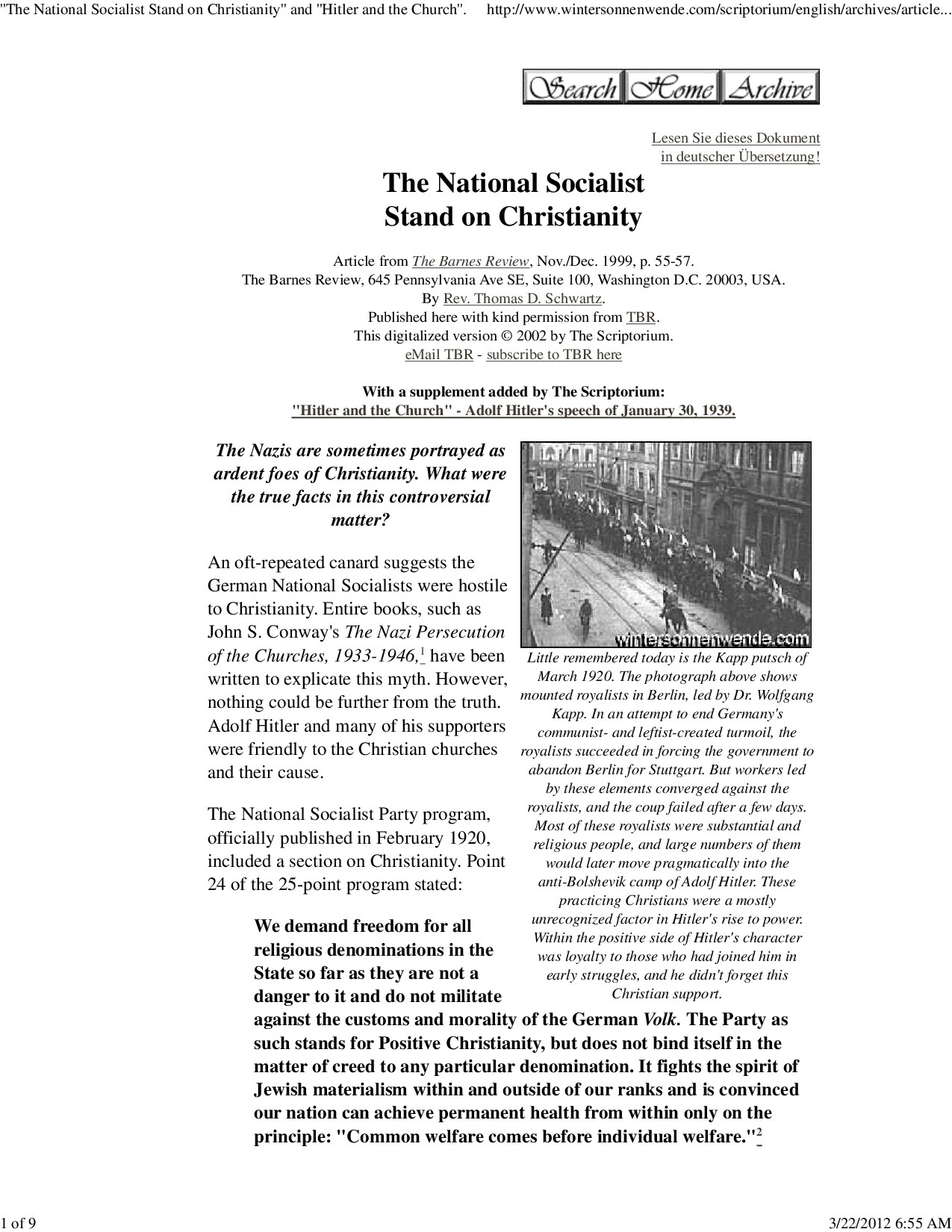 ''The National Socialist Stand on Christianity'' and ''Hitler and the Church''.