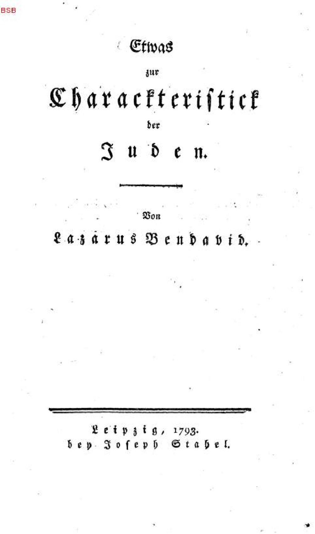 Etwas zur Charackteristick der Juden (1793, 66 S., Scan, Fraktur)