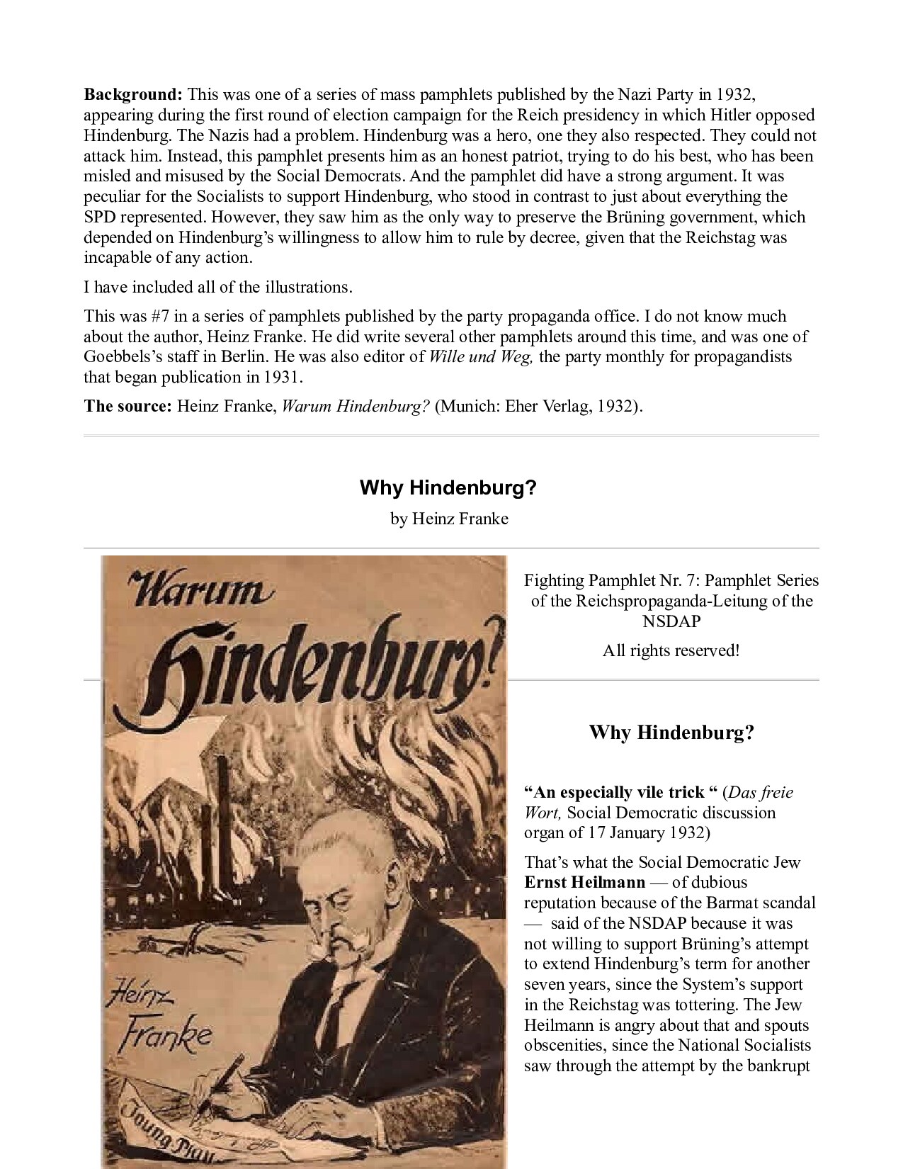 Franke, Heinz; Why Hindenburg
