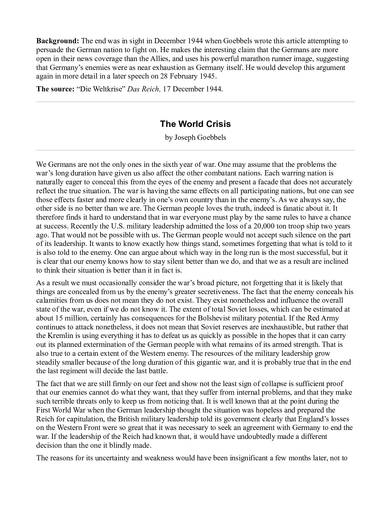 The World Crisis - Goebbels